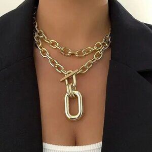 Oversized Gold Tone Chunky Toggle Statement Necklace